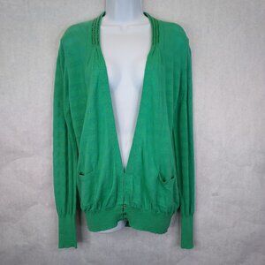 Armani Jeans Beaded Cardigan Women L Green Tight Knit Logo Designer Sheer Ballet
